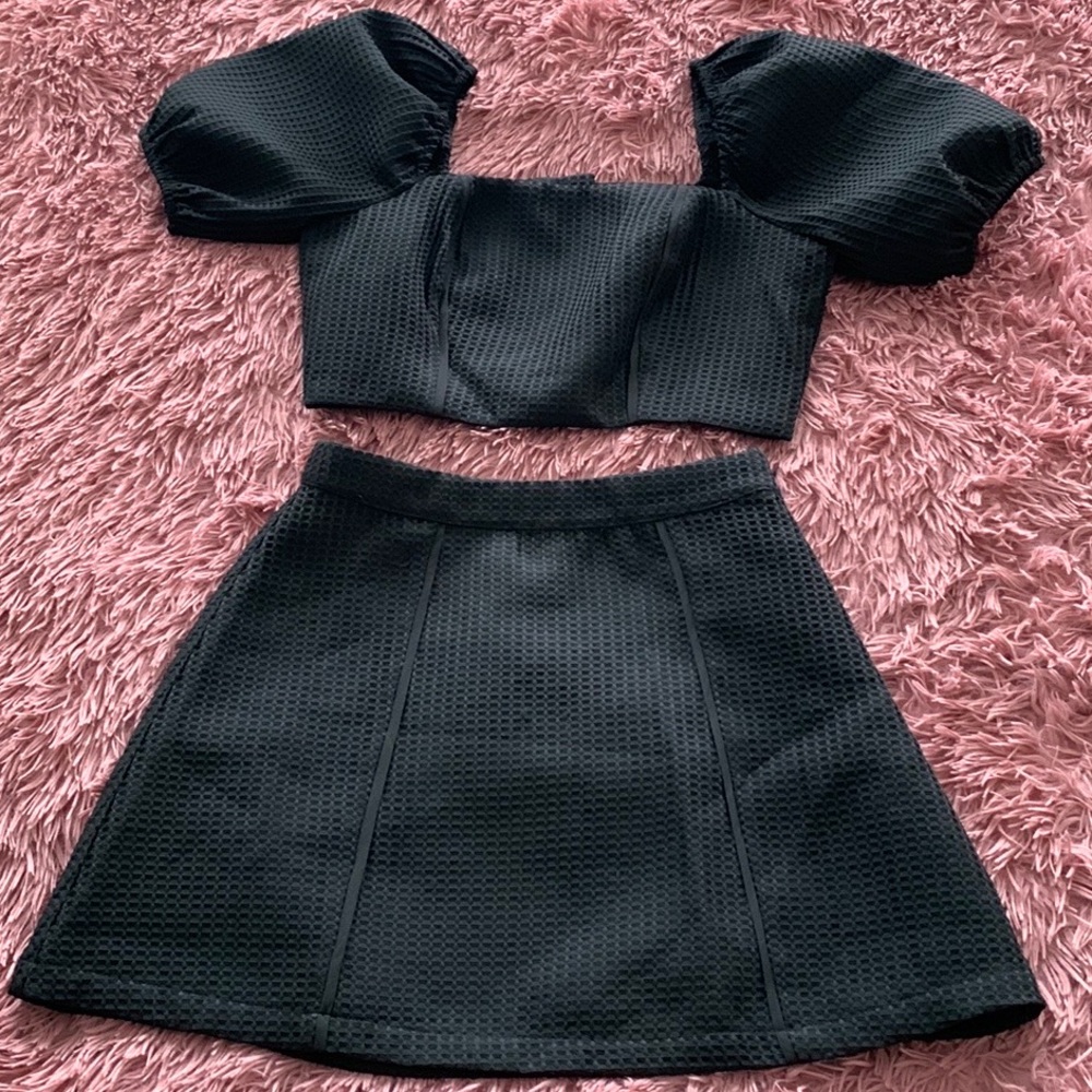 Nobody But You Black Textured Puff Sleeve Crop Top/Skirt set